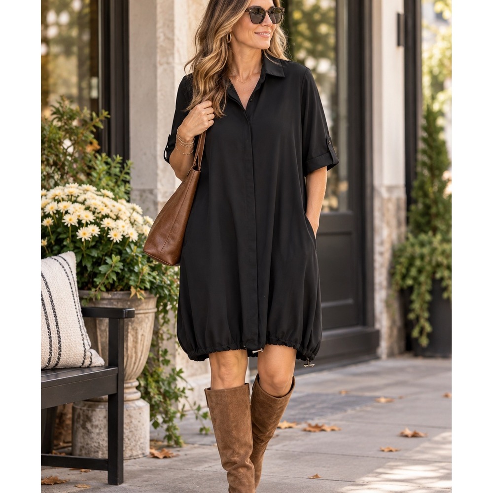 Chico's Black Bubble Hem Shirt Dress Short Sleeve Toggle Hem Pockets Size 2 L